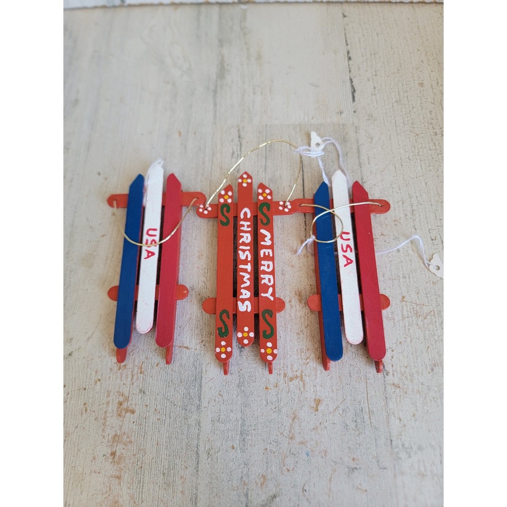Vintage wooden sled USA merry Xmas mini ornament set unique home decor